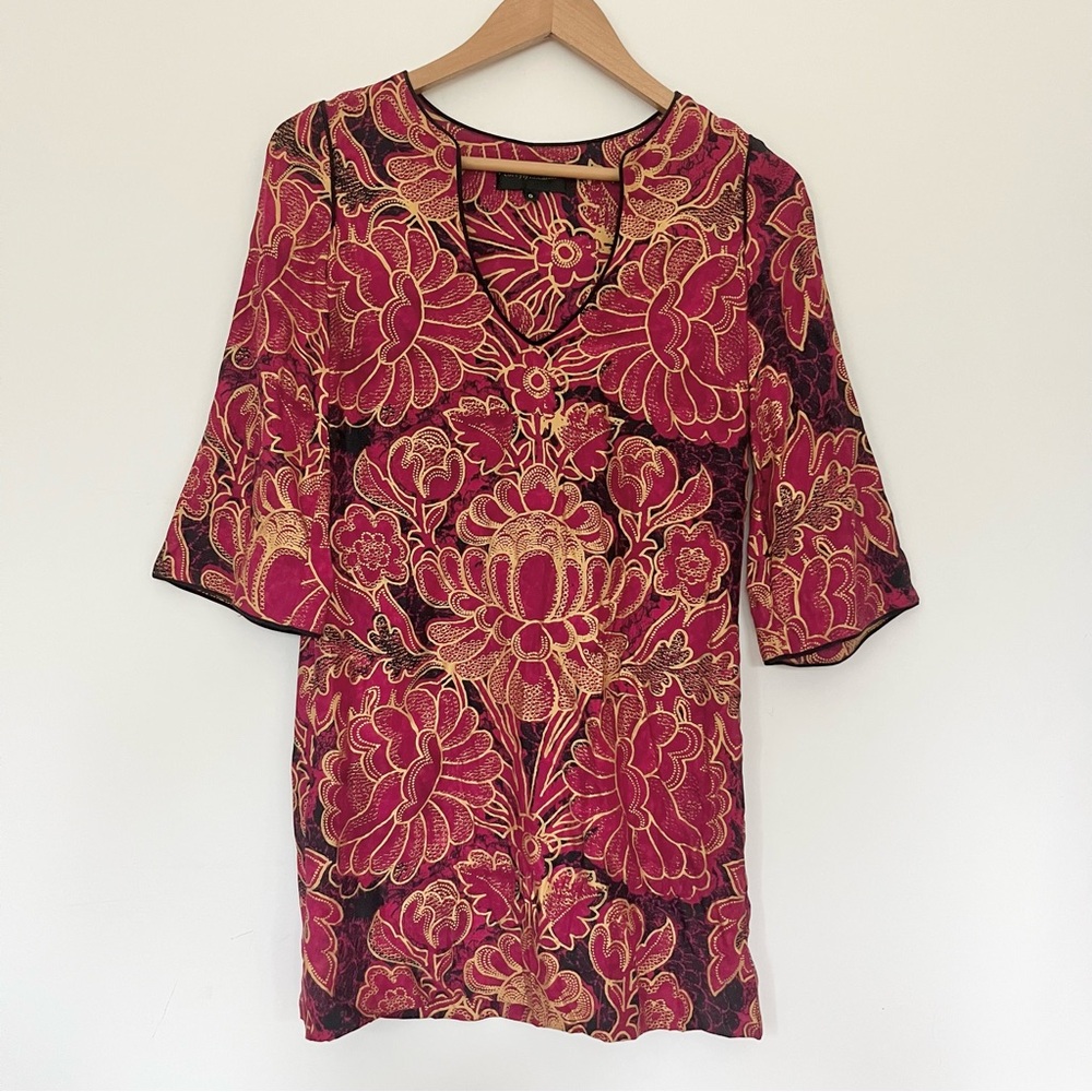 Corey Lynn Calter Anthropologie Pink Gold Floral Batik Print Dress Bell Sleeve 0